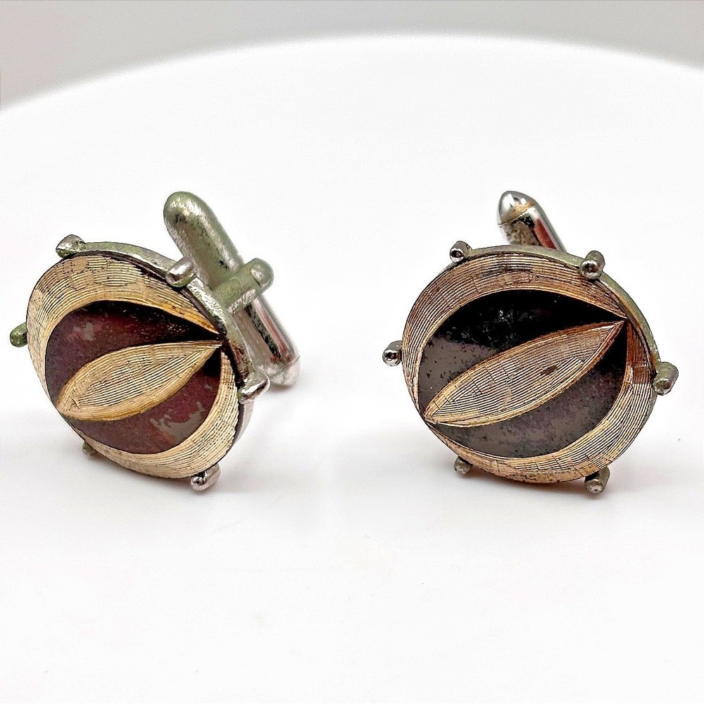 VTG Swank Cufflinks Silver Tone Abstract Leaf Eye Design Mod‎ Mid Century Men's
